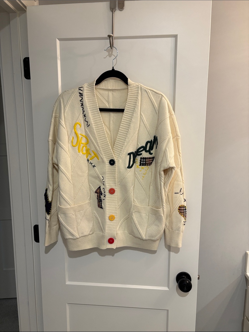 Source Unknown Cream Embroidered V-Neck Cardigan with Multicolor Buttons